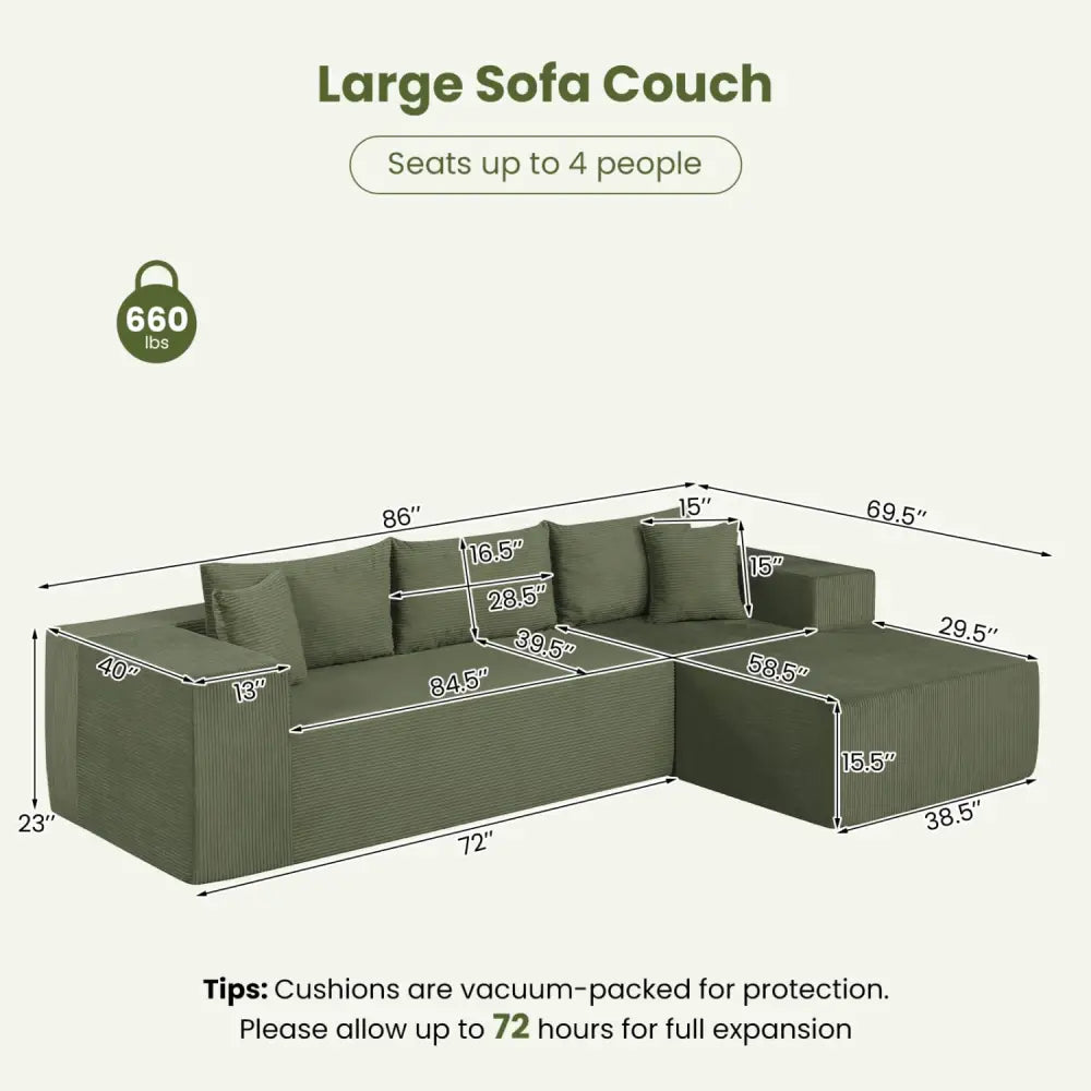 Modular Sectional Sofa Corduroy Upholstered L-shaped Sofa Couch with Deep Seats-Green - Green - Sofas & Loveseats