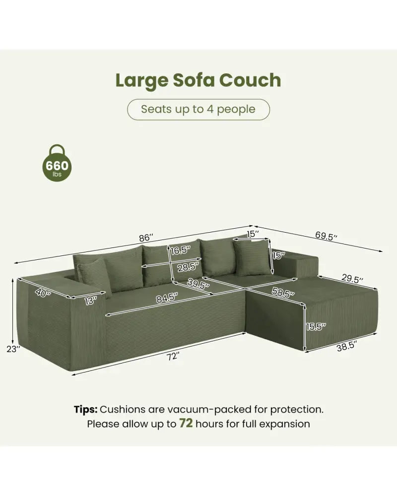 Modular Sectional Sofa Corduroy Upholstered L-shaped Sofa Couch with Deep Seats-Green - Green - Sofas & Loveseats