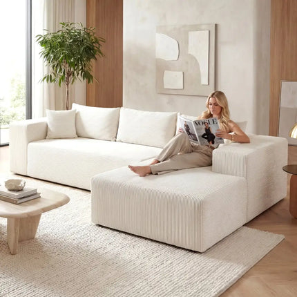 Modular Sectional Sofa Corduroy Upholstered L-shaped Sofa Couch with Deep Seats-Beige - Beige - Sofas & Loveseats