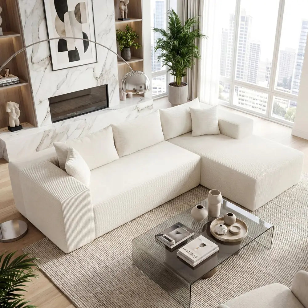 Modular Sectional Sofa Corduroy Upholstered L-shaped Sofa Couch with Deep Seats-Beige - Beige - Sofas & Loveseats