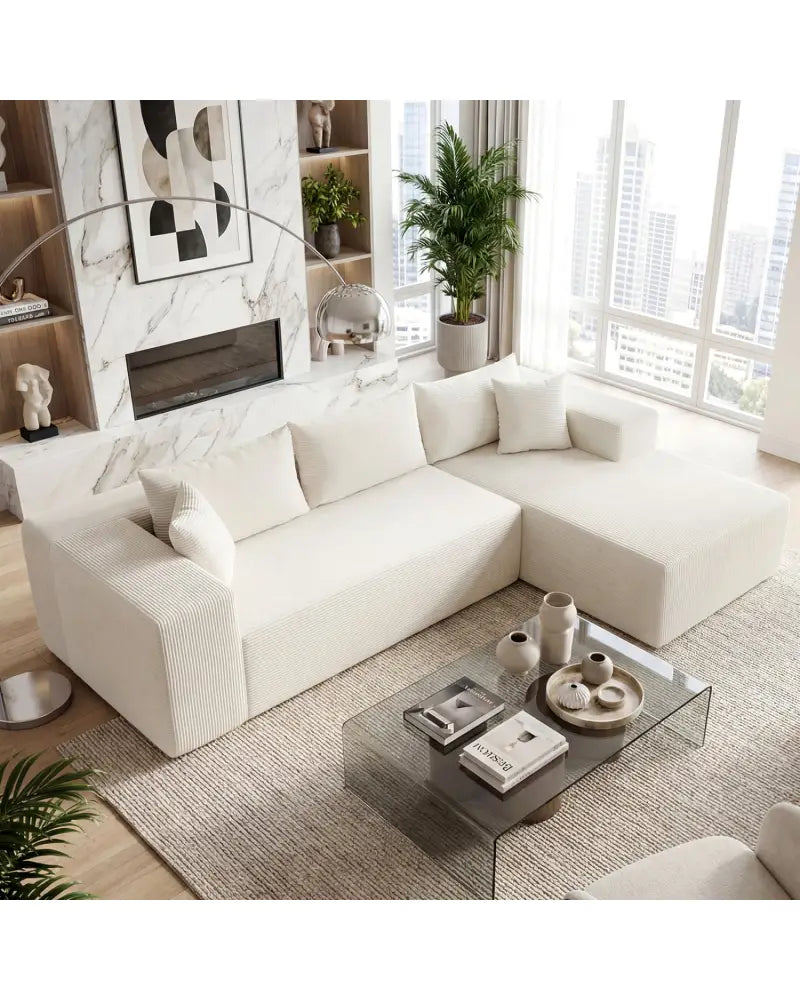 Modular Sectional Sofa Corduroy Upholstered L-shaped Sofa Couch with Deep Seats-Beige - Beige - Sofas & Loveseats