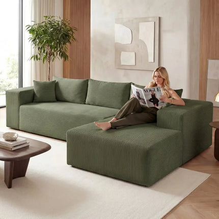 Modular Sectional Sofa Corduroy Upholstered L-shaped Sofa Couch with Deep Seats-Green - Green - Sofas & Loveseats