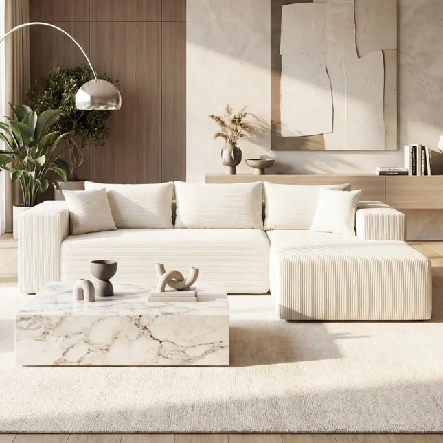 Modular Sectional Sofa Corduroy Upholstered L-shaped Sofa Couch with Deep Seats-Beige - Beige - Sofas & Loveseats