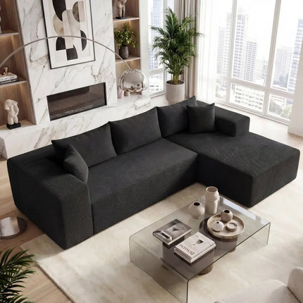 Modular Sectional Sofa Corduroy Upholstered L-shaped Sofa Couch with Deep Seats-Black - Black - Sofas & Loveseats