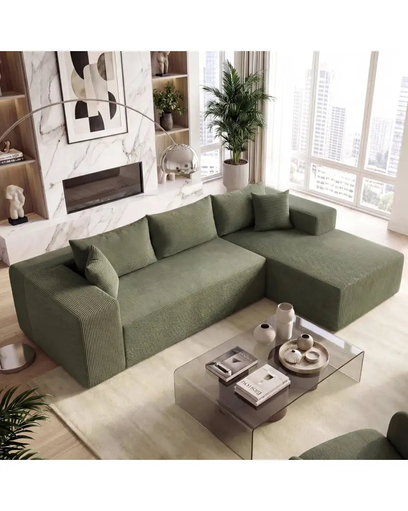 Modular Sectional Sofa Corduroy Upholstered L-shaped Sofa Couch with Deep Seats-Green - Green - Sofas & Loveseats