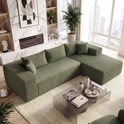 Modular Sectional Sofa Corduroy Upholstered L-shaped Sofa Couch with Deep Seats-Green - Green - Sofas & Loveseats