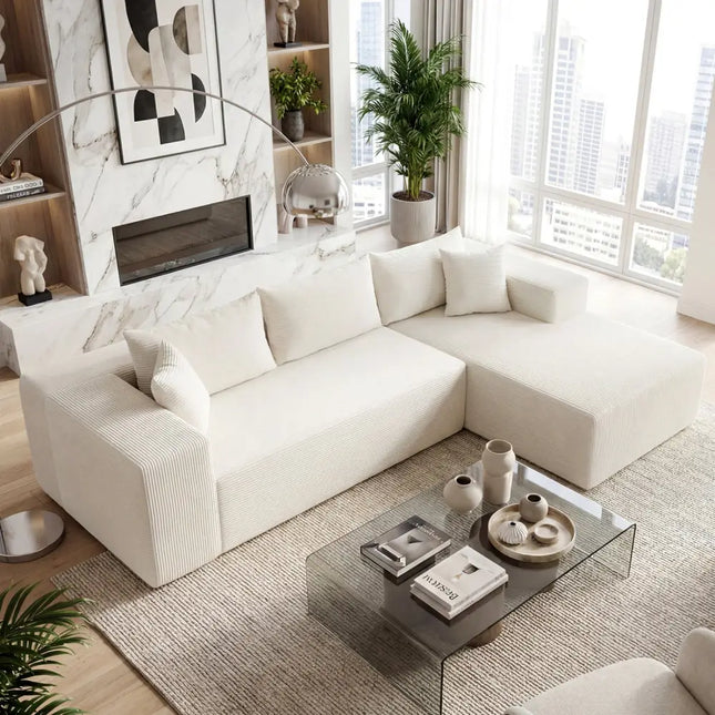 Modular Sectional Sofa Corduroy Upholstered L-shaped Sofa Couch with Deep Seats-Beige - Beige - Sofas & Loveseats