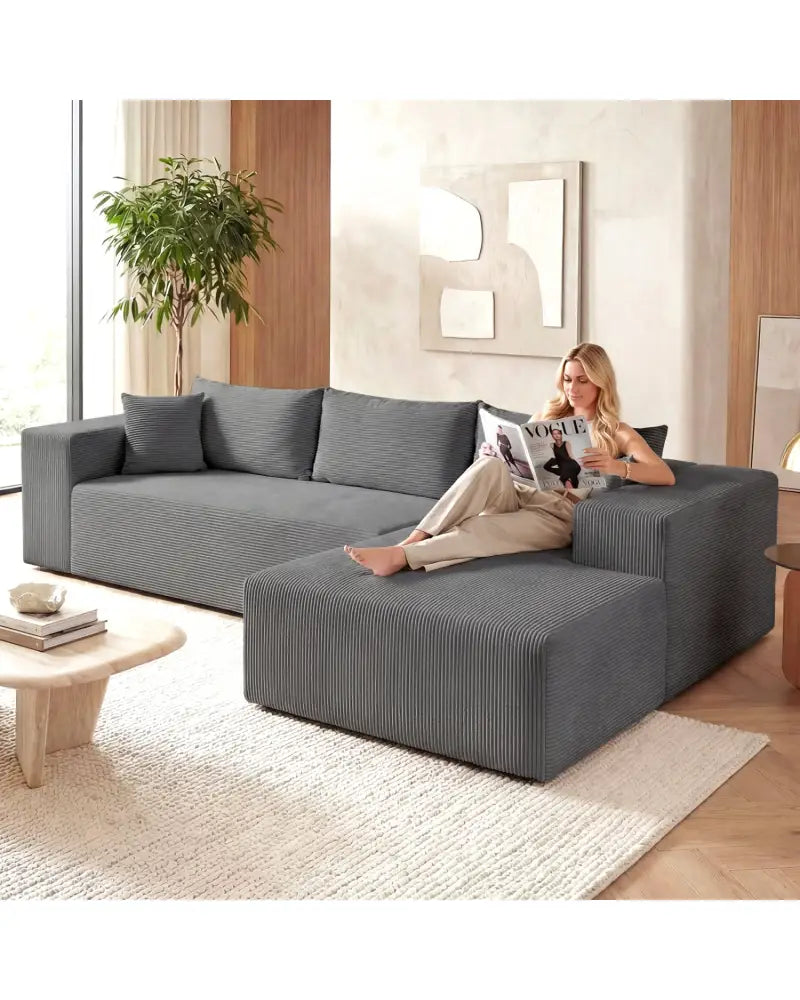 Modular Sectional Sofa Corduroy Upholstered L-shaped Sofa Couch with Deep Seats-Gray - Gray - Sofas & Loveseats