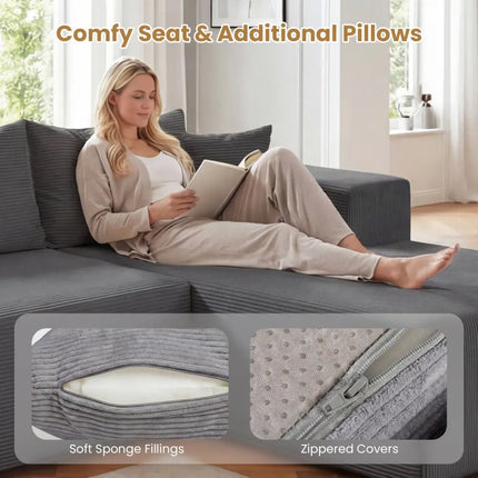 Modular Sectional Sofa Corduroy Upholstered L-shaped Sofa Couch with Deep Seats-Gray - Gray - Sofas & Loveseats