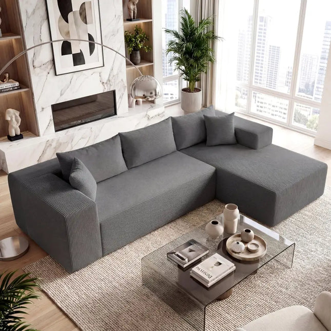 Modular Sectional Sofa Corduroy Upholstered L-shaped Sofa Couch with Deep Seats-Gray - Gray - Sofas & Loveseats