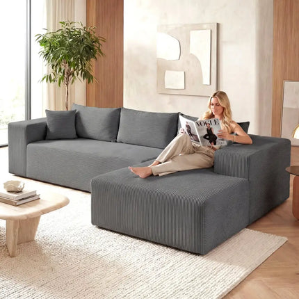 Modular Sectional Sofa Corduroy Upholstered L-shaped Sofa Couch with Deep Seats-Gray - Gray - Sofas & Loveseats