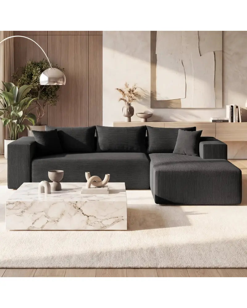 Modular Sectional Sofa Corduroy Upholstered L-shaped Sofa Couch with Deep Seats-Black - Black - Sofas & Loveseats