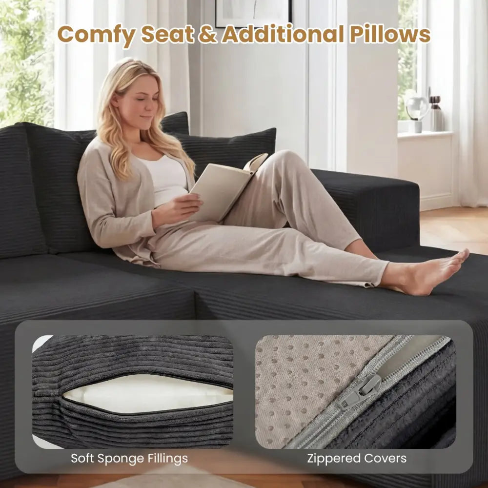 Modular Sectional Sofa Corduroy Upholstered L-shaped Sofa Couch with Deep Seats-Black - Black - Sofas & Loveseats