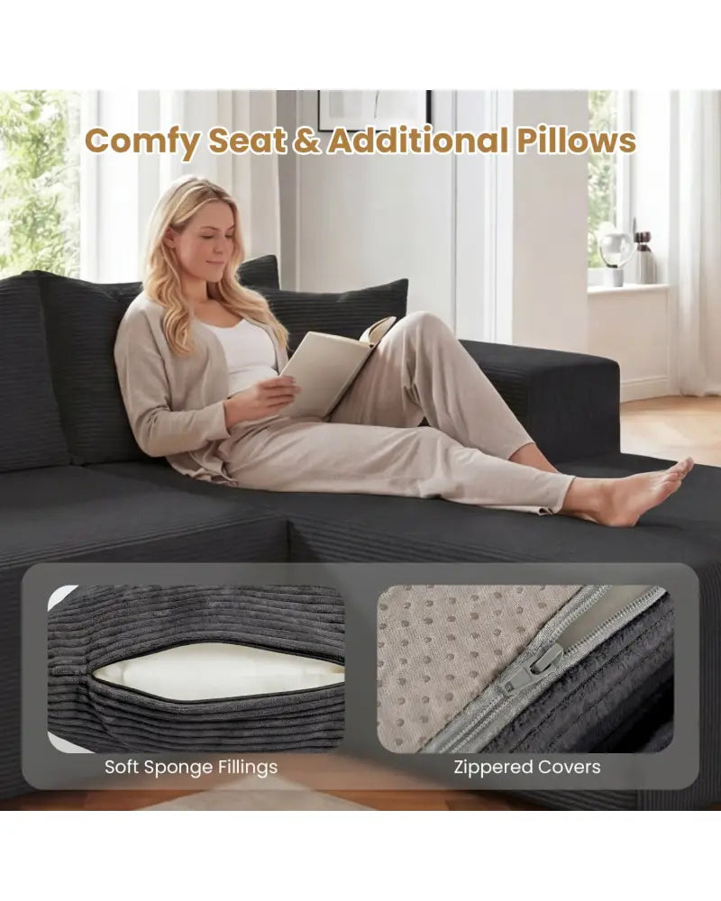 Modular Sectional Sofa Corduroy Upholstered L-shaped Sofa Couch with Deep Seats-Black - Black - Sofas & Loveseats