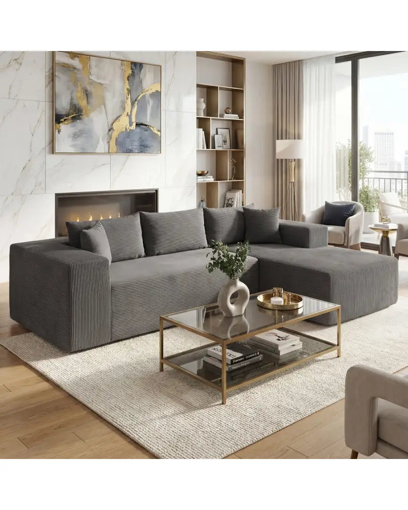 Modular Sectional Sofa Corduroy Upholstered L-shaped Sofa Couch with Deep Seats-Gray - Gray - Sofas & Loveseats