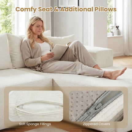 Modular Sectional Sofa Corduroy Upholstered L-shaped Sofa Couch with Deep Seats-Beige - Beige - Sofas & Loveseats