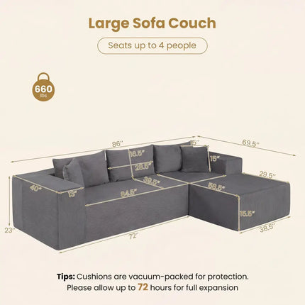 Modular Sectional Sofa Corduroy Upholstered L-shaped Sofa Couch with Deep Seats-Gray - Gray - Sofas & Loveseats