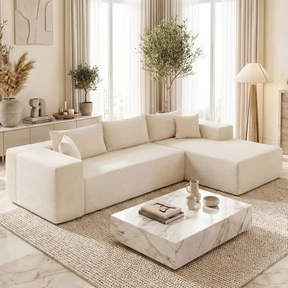 Modular Sectional Sofa Corduroy Upholstered L-shaped Sofa Couch with Deep Seats-Beige - Beige - Sofas & Loveseats