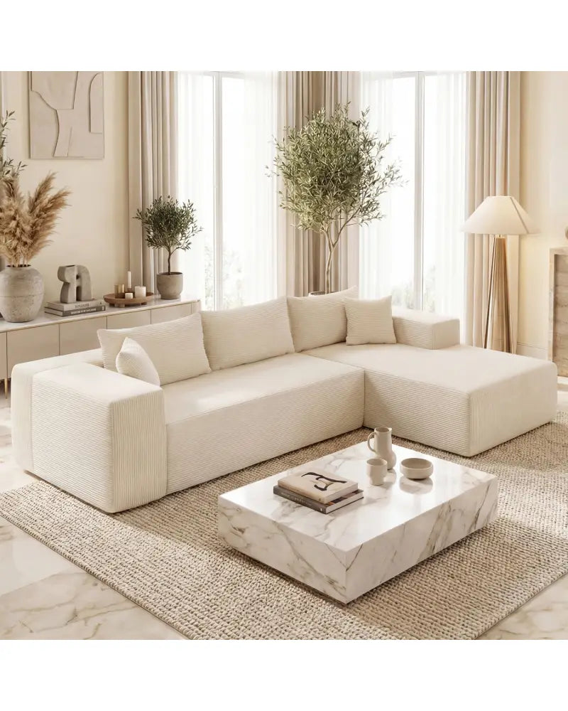 Modular Sectional Sofa Corduroy Upholstered L-shaped Sofa Couch with Deep Seats-Beige - Beige - Sofas & Loveseats