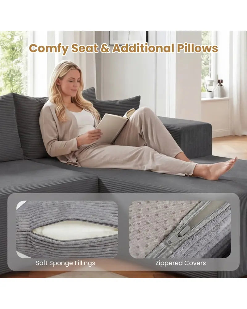 Modular Sectional Sofa Corduroy Upholstered L-shaped Sofa Couch with Deep Seats-Gray - Gray - Sofas & Loveseats