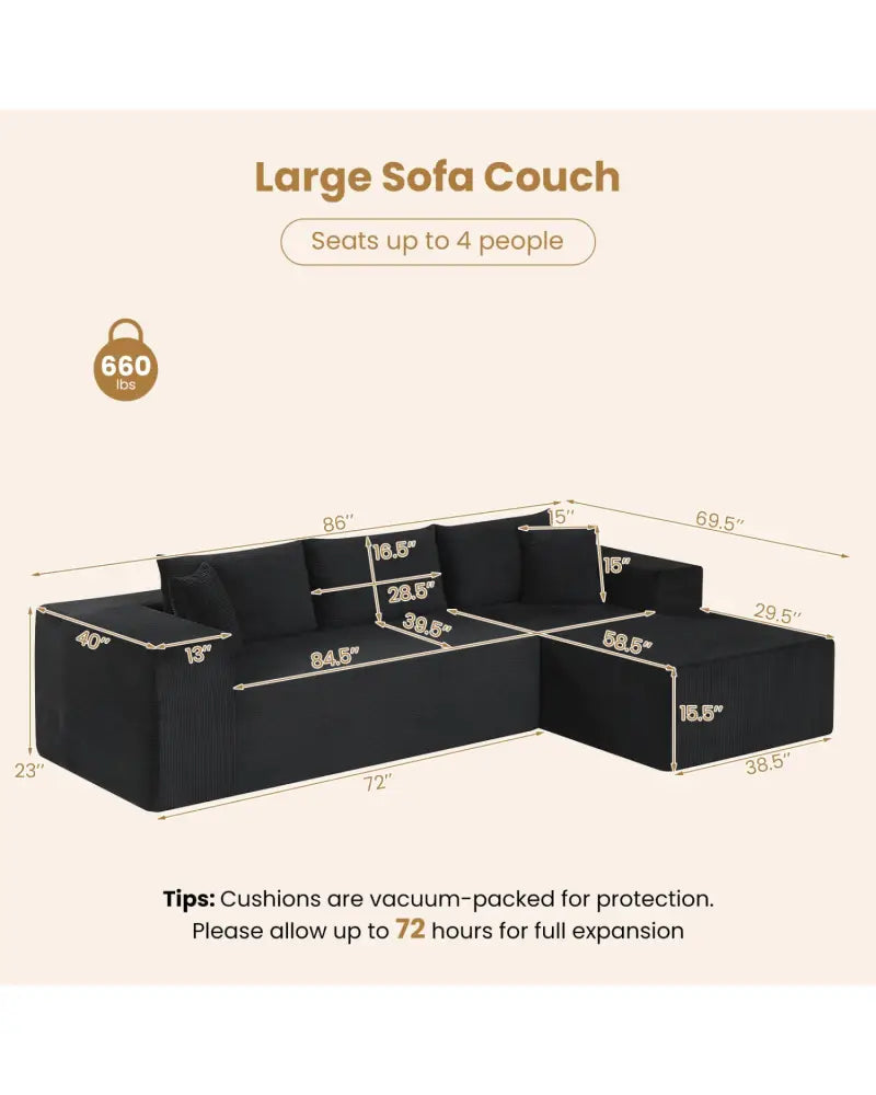 Modular Sectional Sofa Corduroy Upholstered L-shaped Sofa Couch with Deep Seats-Black - Black - Sofas & Loveseats