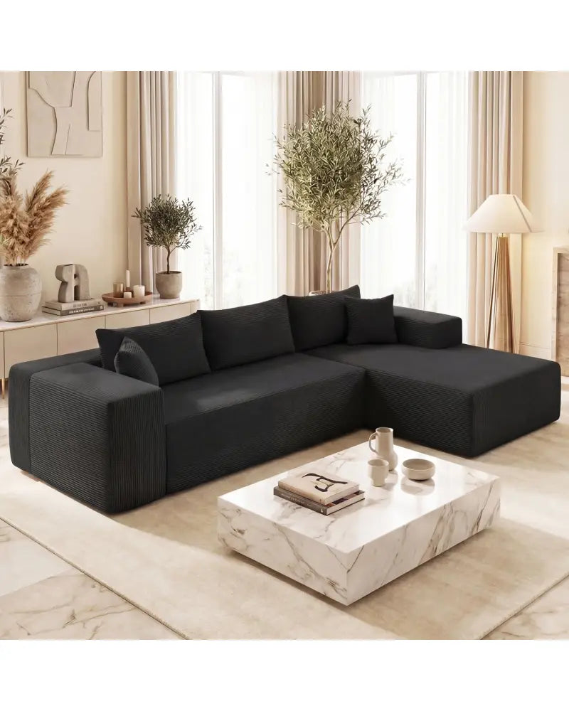 Modular Sectional Sofa Corduroy Upholstered L-shaped Sofa Couch with Deep Seats-Black - Black - Sofas & Loveseats