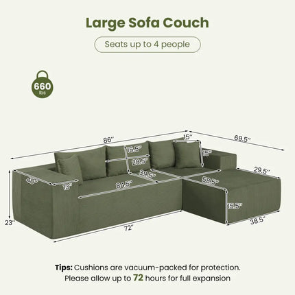 Modular Sectional Sofa Corduroy Upholstered L-shaped Sofa Couch with Deep Seats-Green - Green - Sofas & Loveseats