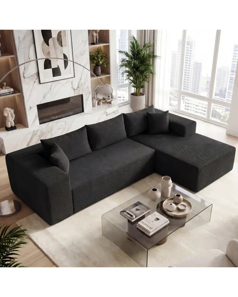 Modular Sectional Sofa Corduroy Upholstered L-shaped Sofa Couch with Deep Seats-Black - Black - Sofas & Loveseats