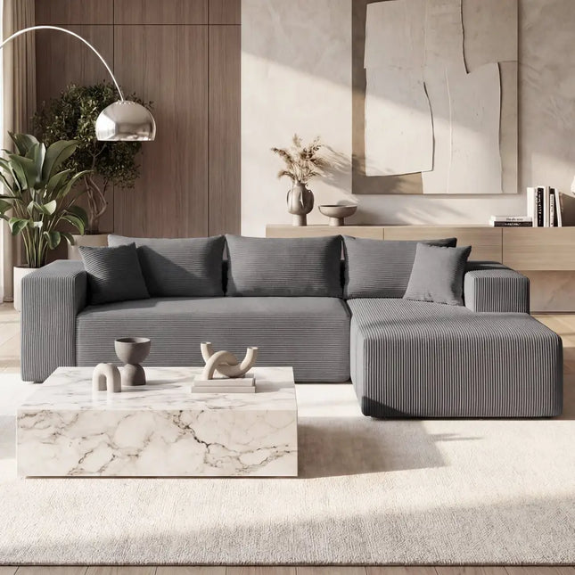 Modular Sectional Sofa Corduroy Upholstered L-shaped Sofa Couch with Deep Seats-Gray - Gray - Sofas & Loveseats