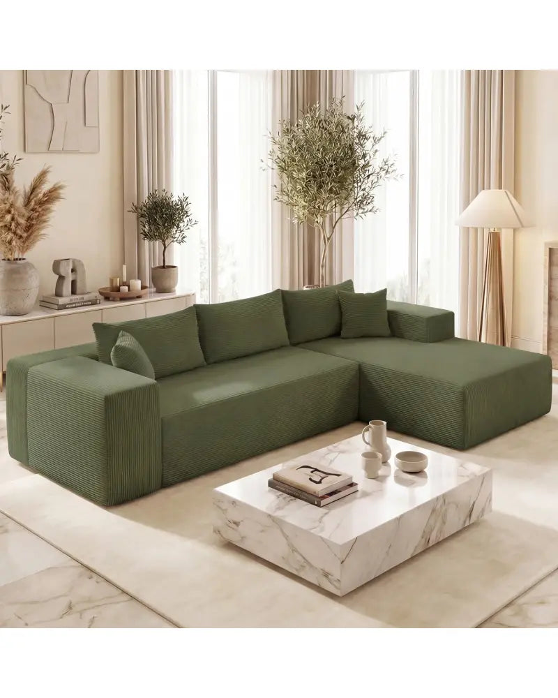 Modular Sectional Sofa Corduroy Upholstered L-shaped Sofa Couch with Deep Seats-Green - Green - Sofas & Loveseats