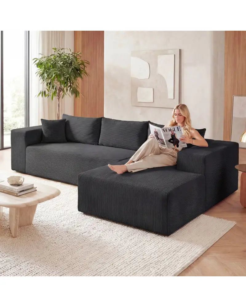 Modular Sectional Sofa Corduroy Upholstered L-shaped Sofa Couch with Deep Seats-Black - Black - Sofas & Loveseats