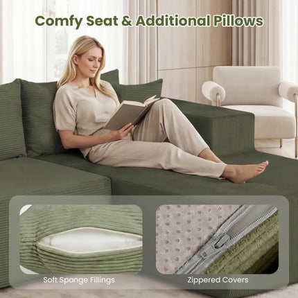 Modular Sectional Sofa Corduroy Upholstered L-shaped Sofa Couch with Deep Seats-Green - Green - Sofas & Loveseats