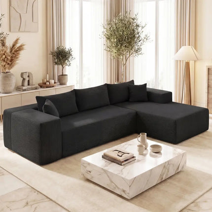 Modular Sectional Sofa Corduroy Upholstered L-shaped Sofa Couch with Deep Seats-Black - Black - Sofas & Loveseats