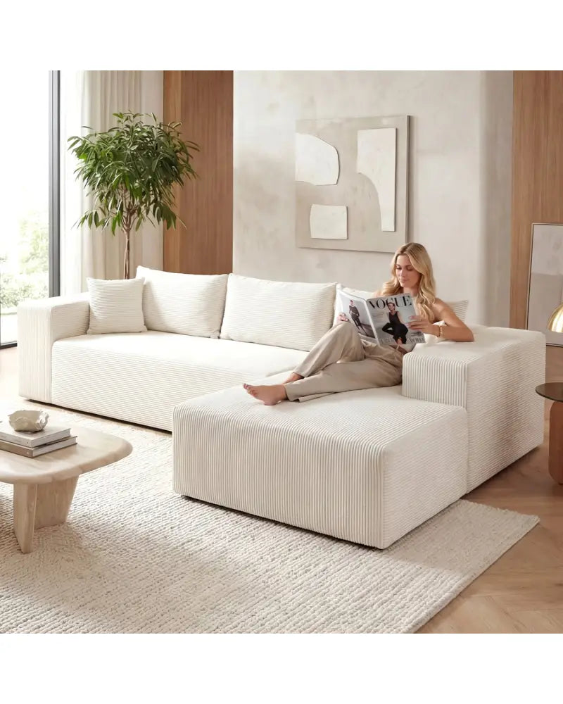 Modular Sectional Sofa Corduroy Upholstered L-shaped Sofa Couch with Deep Seats-Beige - Beige - Sofas & Loveseats