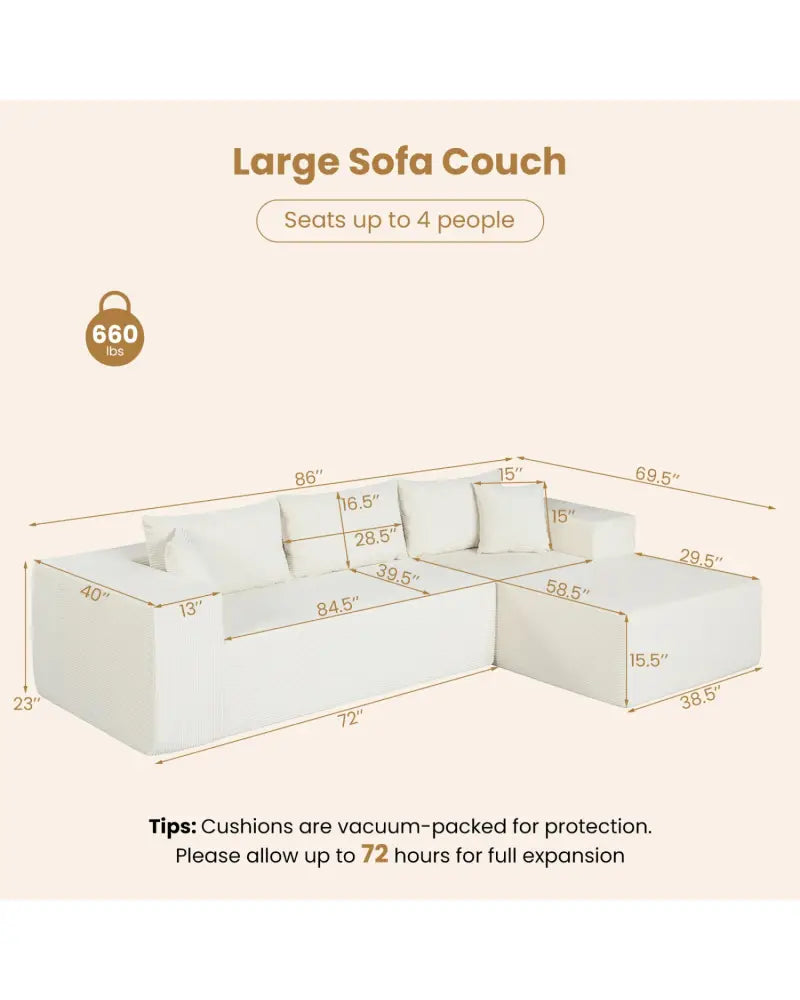 Modular Sectional Sofa Corduroy Upholstered L-shaped Sofa Couch with Deep Seats-Beige - Beige - Sofas & Loveseats