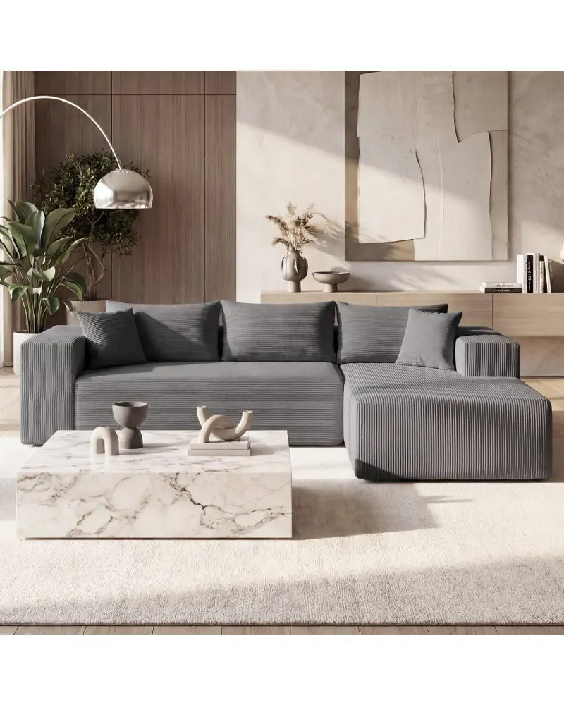 Modular Sectional Sofa Corduroy Upholstered L-shaped Sofa Couch with Deep Seats-Gray - Gray - Sofas & Loveseats