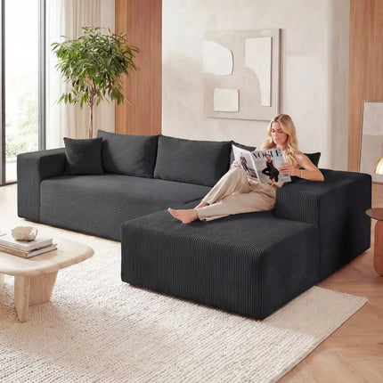 Modular Sectional Sofa Corduroy Upholstered L-shaped Sofa Couch with Deep Seats-Black - Black - Sofas & Loveseats