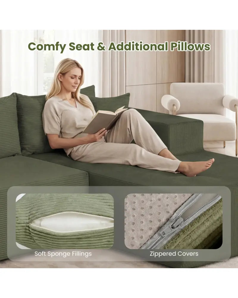 Modular Sectional Sofa Corduroy Upholstered L-shaped Sofa Couch with Deep Seats-Green - Green - Sofas & Loveseats