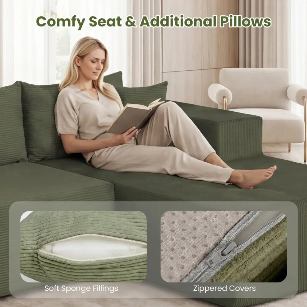 Modular Sectional Sofa Corduroy Upholstered L-shaped Sofa Couch with Deep Seats-Green - Green - Sofas & Loveseats