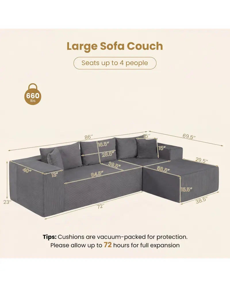 Modular Sectional Sofa Corduroy Upholstered L-shaped Sofa Couch with Deep Seats-Gray - Gray - Sofas & Loveseats