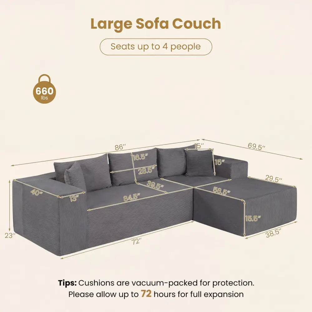 Modular Sectional Sofa Corduroy Upholstered L-shaped Sofa Couch with Deep Seats-Gray - Gray - Sofas & Loveseats