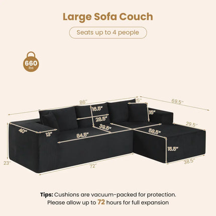 Modular Sectional Sofa Corduroy Upholstered L-shaped Sofa Couch with Deep Seats-Black - Black - Sofas & Loveseats