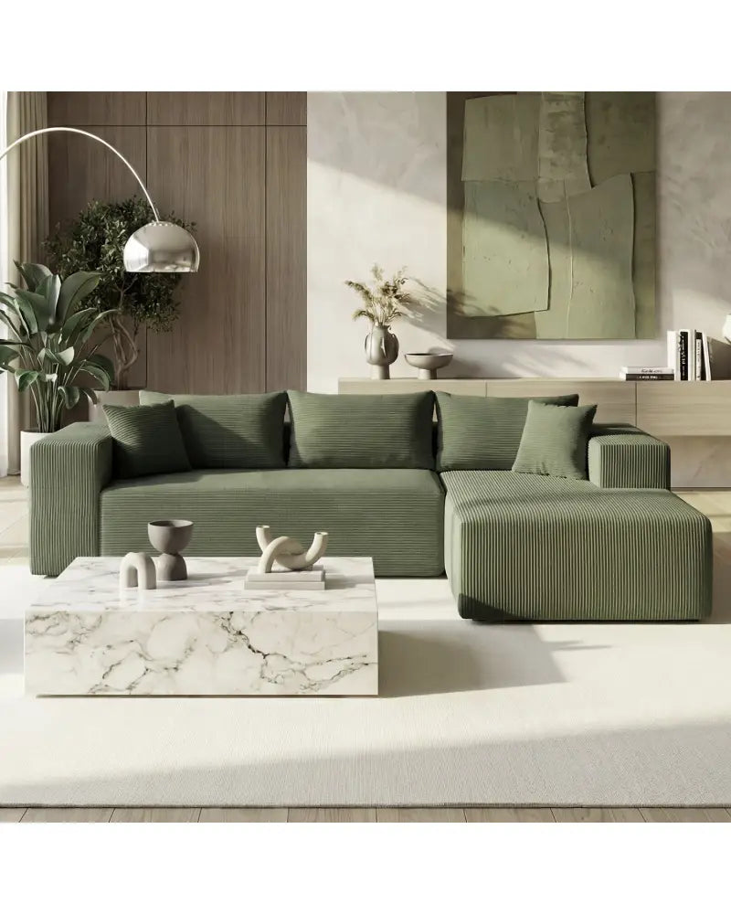 Modular Sectional Sofa Corduroy Upholstered L-shaped Sofa Couch with Deep Seats-Green - Green - Sofas & Loveseats