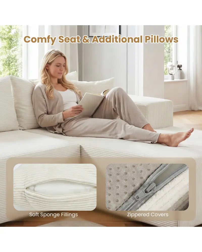 Modular Sectional Sofa Corduroy Upholstered L-shaped Sofa Couch with Deep Seats-Beige - Beige - Sofas & Loveseats