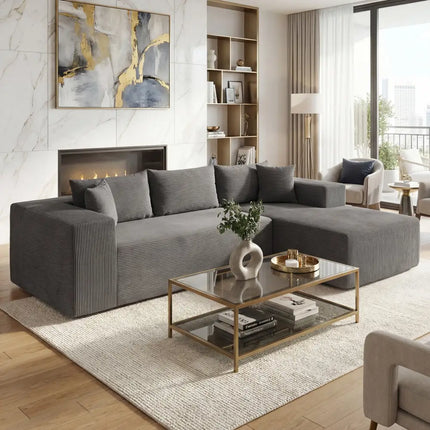Modular Sectional Sofa Corduroy Upholstered L-shaped Sofa Couch with Deep Seats-Gray - Gray - Sofas & Loveseats