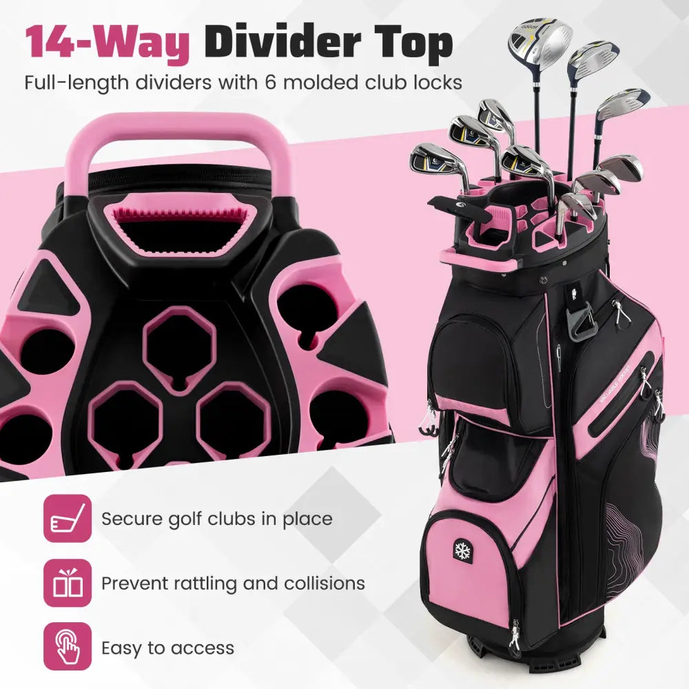 Molded Lock Top Golf Cart Bag with 14-Way Full Length Dividers and 11 Pockets-Pink - Pink - Golf