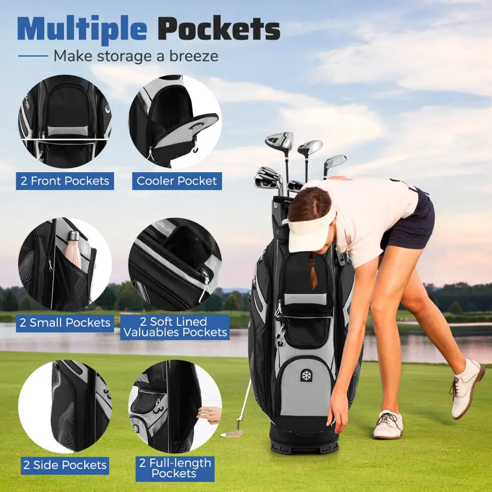Molded Lock Top Golf Cart Bag with 14-Way Full Length Dividers and 11 Pockets-Gray - Gray - Golf