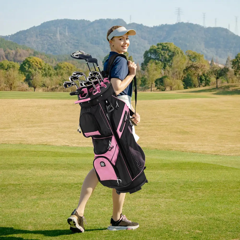 Molded Lock Top Golf Cart Bag with 14-Way Full Length Dividers and 11 Pockets-Pink - Pink - Golf