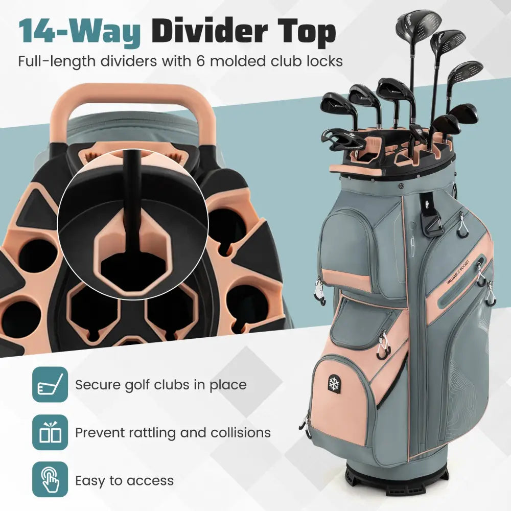 Molded Lock Top Golf Cart Bag with 14-Way Full Length Dividers and 11 Pockets-Orange - Orange - Golf