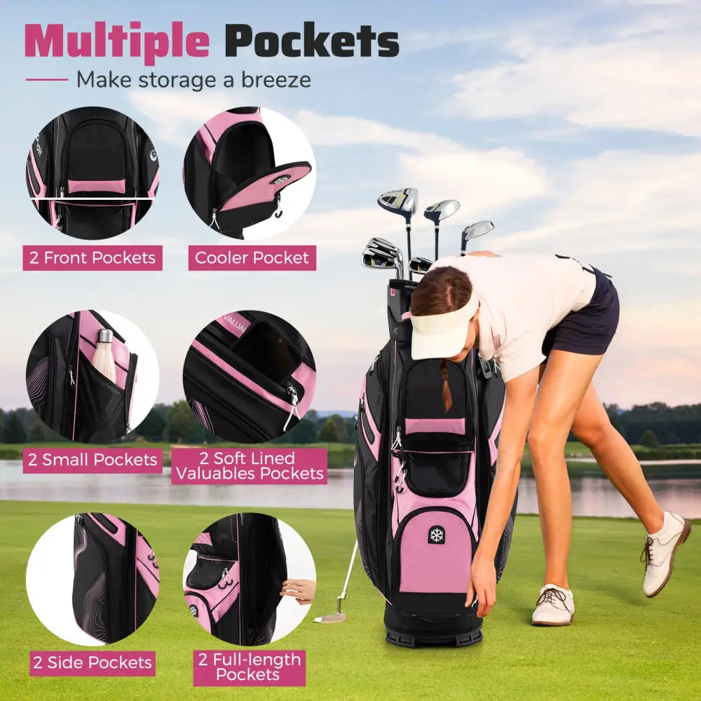 Molded Lock Top Golf Cart Bag with 14-Way Full Length Dividers and 11 Pockets-Pink - Pink - Golf